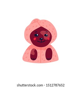 Happy cartoon puppy in a pink bathrobe and towel on white background. Dog beauty salon. Funny puppy character in the spa. Dog care, grooming, hygiene, health. Flat style vector illustration