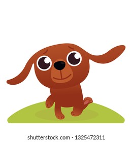 Happy cartoon puppy sitting, Portrait of cute little dog. Dog friend. Vector illustration. Isolated on white background. Funny little corgi walking by green meadow in park. Sunny summer day. Concept