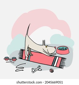 Happy cartoon puppy sitting, Portrait of cute little dog wearing collar. Dog friend. Vector illustration. Isolated on white background.
