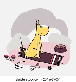 Happy cartoon puppy sitting, Portrait of cute little dog wearing collar. Dog friend. Vector illustration. Isolated on white background.