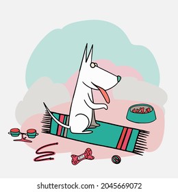 Happy cartoon puppy sitting, Portrait of cute little dog wearing collar. Dog friend. Vector illustration. Isolated on white background.