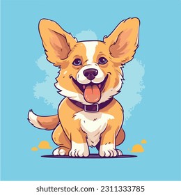 Happy cartoon puppy sitting, Portrait of cute little dog wearing collar. Dog friend. Vector illustration. Isolated on white background.