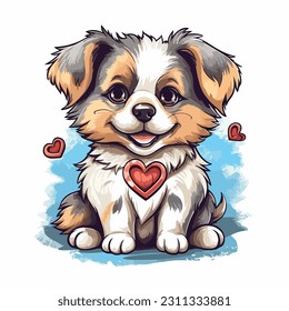 Happy cartoon puppy sitting, Portrait of cute little dog wearing collar. Dog friend. Vector illustration. Isolated on white background.