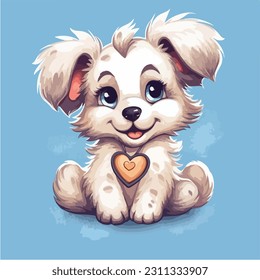 Happy cartoon puppy sitting, Portrait of cute little dog wearing collar. Dog friend. Vector illustration. Isolated on white background.