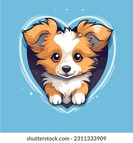 Happy cartoon puppy sitting, Portrait of cute little dog wearing collar. Dog friend. Vector illustration. Isolated on white background.