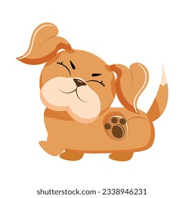 Happy cartoon puppy sitting, Portrait of cute little dog wearing collar. Dog friend. Vector illustration. Isolated on white background.