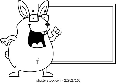 A happy cartoon rabbit in front of a blackboard.