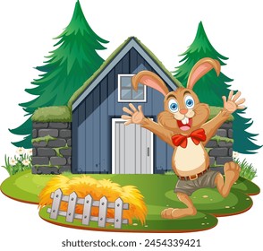 Happy cartoon rabbit in front of a small house