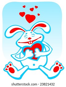 Happy cartoon rabbit with heart on a blue background. Valentines illustration.