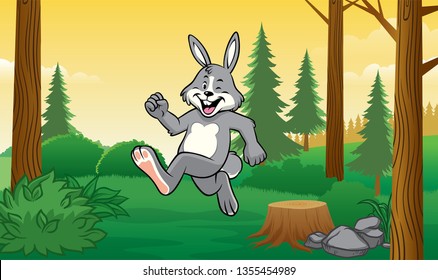 happy cartoon rabbit running on the forest