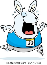 A happy cartoon rabbit running in a race.