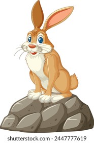 A happy cartoon rabbit sitting on a stone