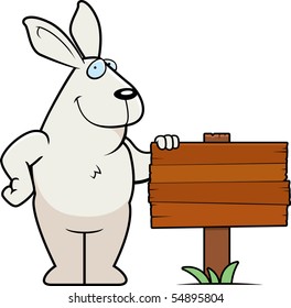 A happy cartoon rabbit standing next to a wood sign.