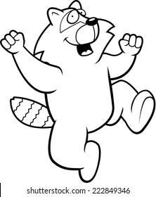 A happy cartoon raccoon jumping and smiling.
