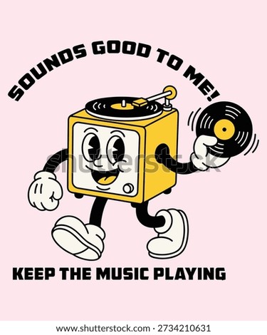 Happy cartoon record player dancing with vinyl in hand