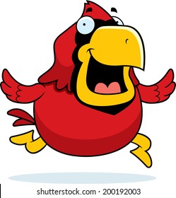 A happy cartoon red cardinal running and smiling.