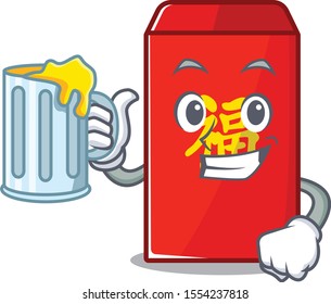 happy cartoon in the red envelope holding juice