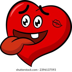 Happy Cartoon Red Heart. Emotions Faces. Character with Tongue Sticking Out. Loving Heart. Vector Illustration for Valentines Day. 