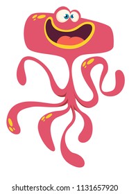 Happy cartoon red monster alien with tentacles. Vector Halloween illustration