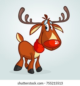 Happy cartoon red nose reindeer character wearing scarf.  Christmas vector illustration