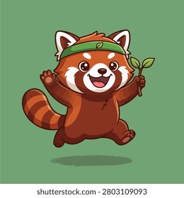 Happy cartoon red panda mascot vector jumping with a leaf headband and twig, featuring cute flat illustration style and bold outlines.