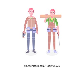 Happy cartoon repairman carpenter worker with safety helmet. Young construction workers vector flat characters. Workers in workwear standing isolated and holding building tools.