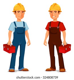 happy cartoon repairman or construction worker with safety hat. Young man, a builder, in work trousers. Funny cartoon character. Isolated on white. Vector eps file.