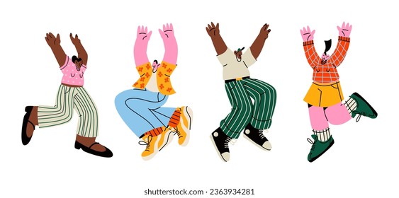 Happy cartoon retro characters in 90s style jumping. Groovy set of people in flight smiling women and men. Hippie funky illustration