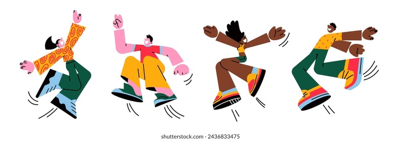 Happy cartoon retro characters in 90s style jumping. Groovy set of people in flight smiling women and men. Hippie funky illustration	