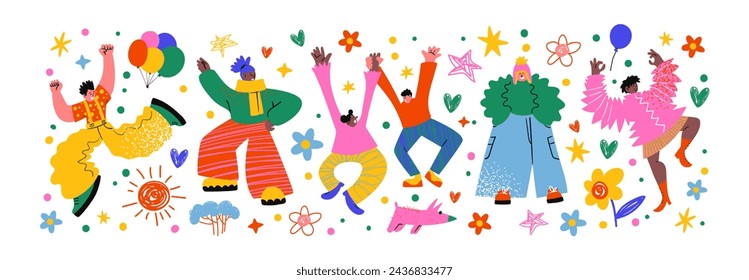 Happy cartoon retro characters in 90s style jumping. Groovy set of people in flight smiling women and men. Hippie funky illustration	