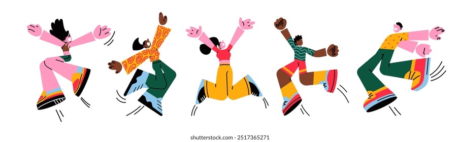 Personagens retrô desenhos animados felizes em salto estilo dos anos 90. Groovy conjunto de pessoas em voo sorrindo mulheres e homens. Ilustração funky hippie