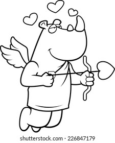 A happy cartoon rhino cupid with a bow and arrow.