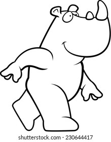 A happy cartoon rhino walking and smiling.