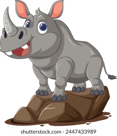 A happy cartoon rhinoceros standing on rocks.