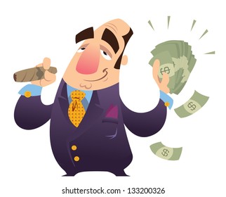 A Happy Cartoon Rich Man, Smoking Cigar And Holding Many Dollar Bank Notes