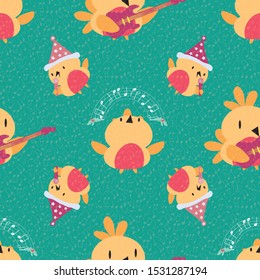 Happy cartoon robins playing guitar, singing and dancing with musical notes overlay texture. Seamless vector pattern in gold, red and green on teal background. Great for all seasonal products