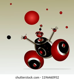 Happy cartoon robot plays catches red ball vector character isolate