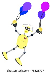 Happy cartoon robot rising upwards with aid of multiple balloons