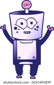 happy cartoon robot waving hello in bright neon color