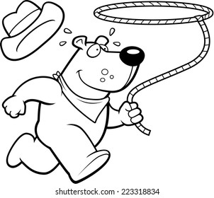 A happy cartoon rodeo bear running with a lasso.