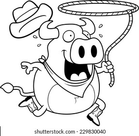 A happy cartoon rodeo bull with a lasso.