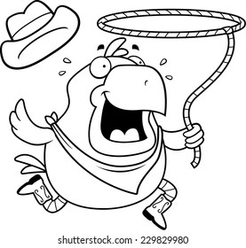 A happy cartoon rodeo chicken with a lasso.