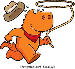 A happy cartoon rodeo dinosaur running with a lasso.