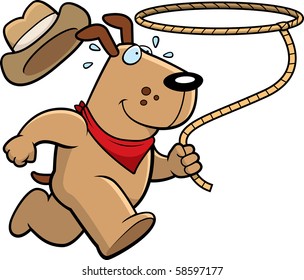 A happy cartoon rodeo dog running with a lasso.