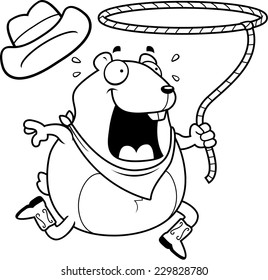 A happy cartoon rodeo hamster with a lasso.