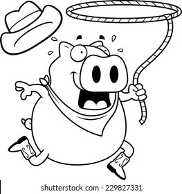 A happy cartoon rodeo pig with a lasso.