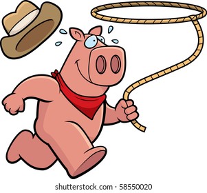 A happy cartoon rodeo pig running with a lasso.