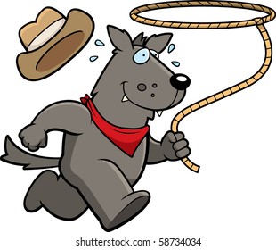 A happy cartoon rodeo wolf running with a lasso.