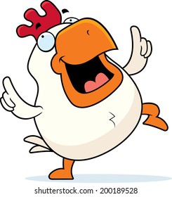 A happy cartoon rooster dancing and smiling.