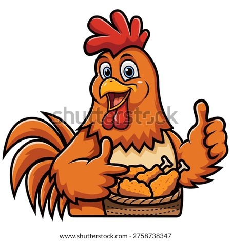 Happy Cartoon Rooster Mascot with Fried Chicken Basket Giving Thumbs Up